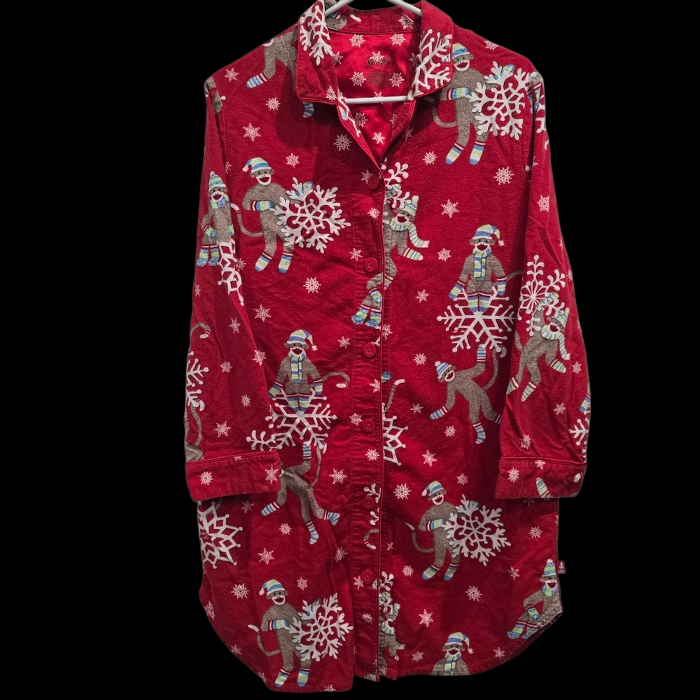 Nick & Nora Sleep Shirt Sz M Sock Monkey Snowflakes Red White